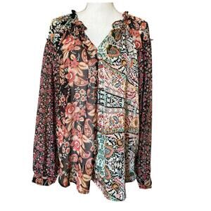 Umgee + Boho Floral Sheer Long Sleeve Blouse Size XL